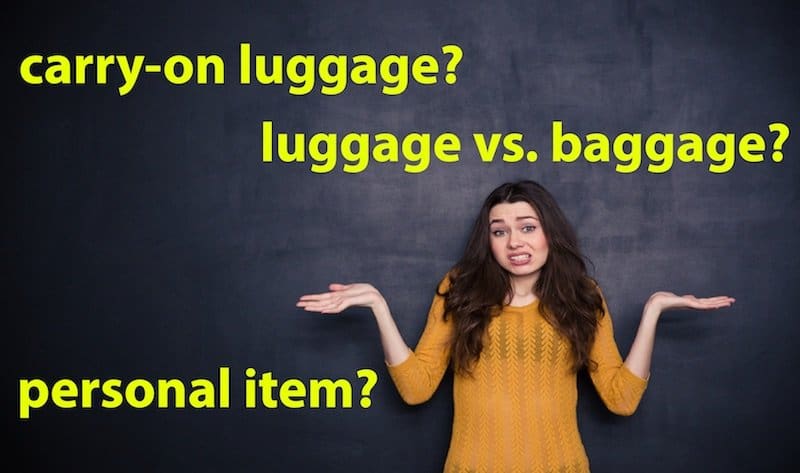 Bild zeigt eine verwirrte Frau, die sich Gedanken zu den möglichen englischen Übersetzungen für Gepäckbegriffe macht