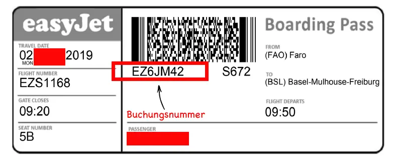 Buchungsnummer auf ausgedrucktem Flugticket easyJet