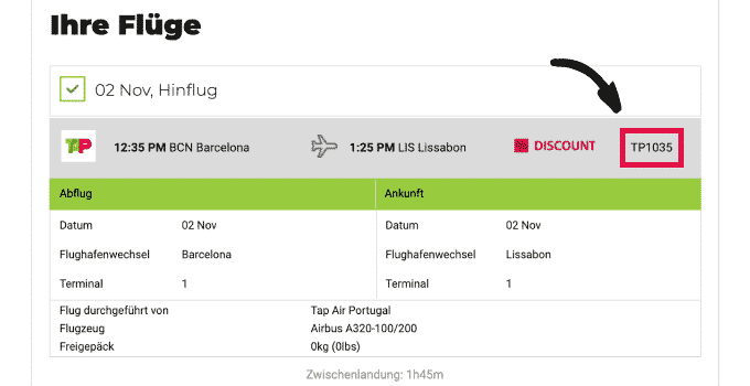 Flugnummer in der Buchungsbestätigung bei TAP Portugal